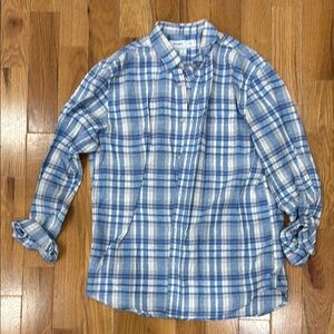Old Navy Men’s Linen Blend L Tall Slim- Blue and Cream Plaid Shirt